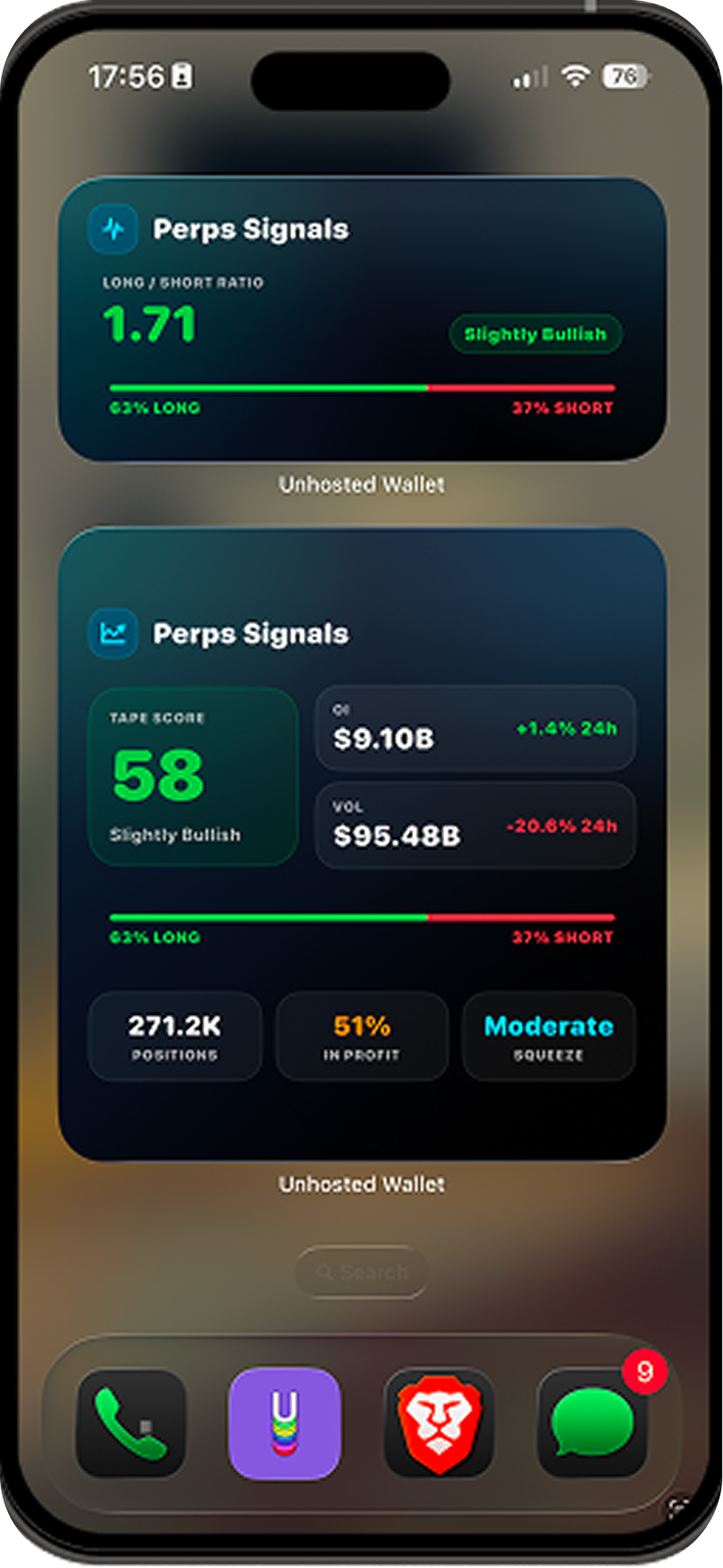 Unhosted Perps Signals widgets shown on iPhone home screen